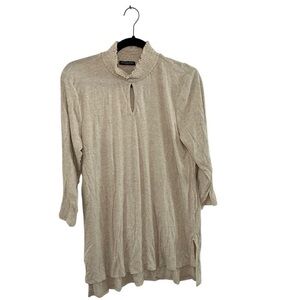Cha Cha Vente Beige Ruffle Mock Neck Keyhole Tunic Top 3/4 Sleeve